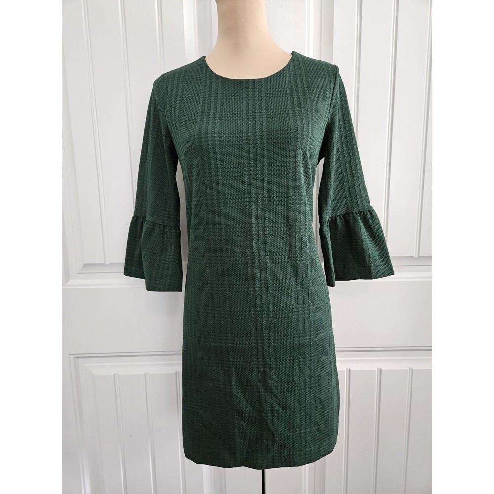 Banana Republic 3/4 Bell Sleeve Shift Dress Sz 4 Plaid Textured Green